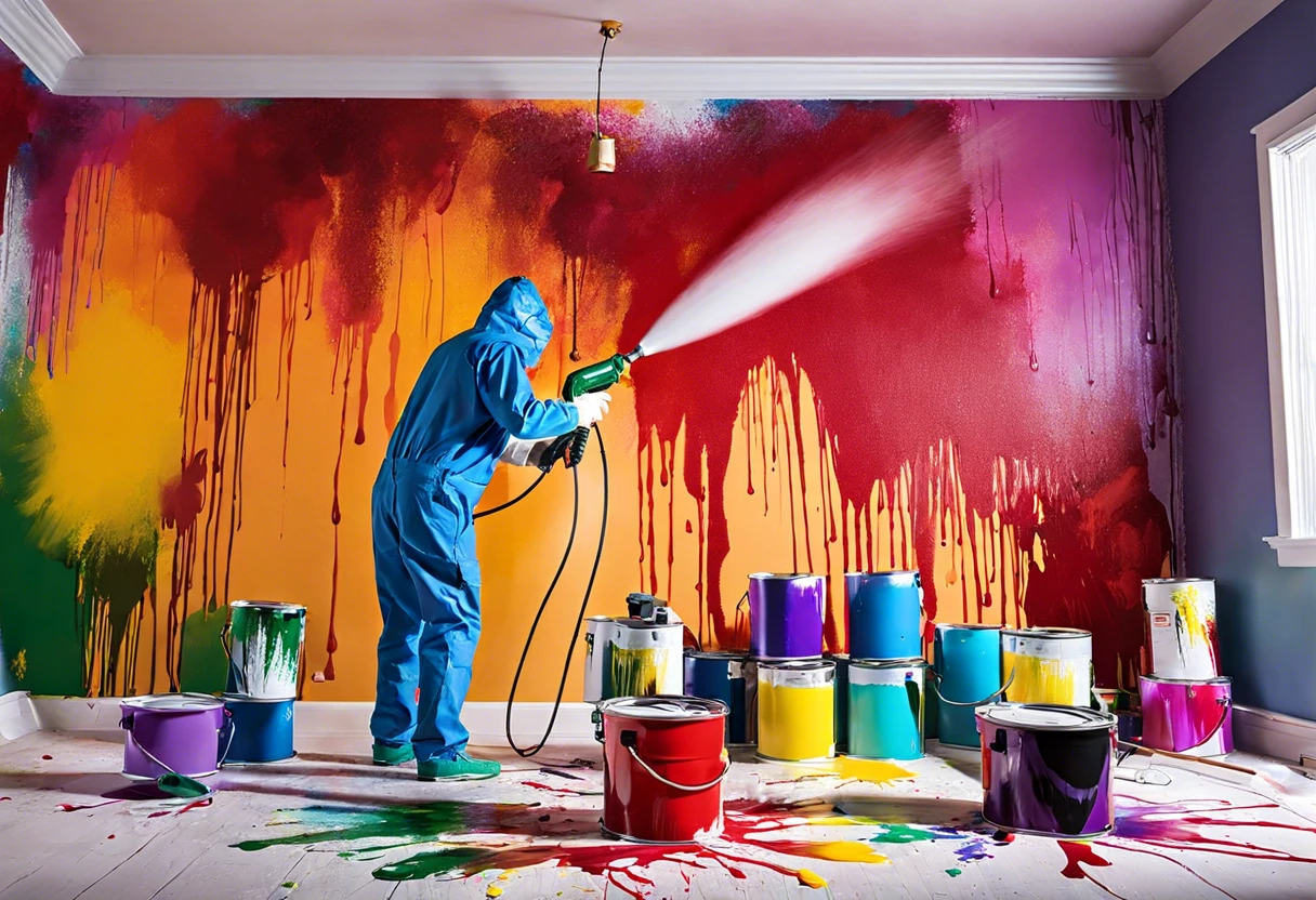 Person using an airless paint sprayer to apply paint on a colorful wall, showcasing the spraying technique.