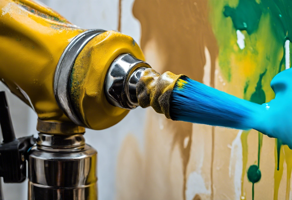 Close-up of an airless paint sprayer applying blue paint on a wall, demonstrating its efficiency.