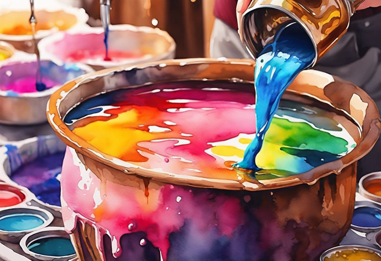 Colorful paint being poured, illustrating the effects of alcohol on paint removal.