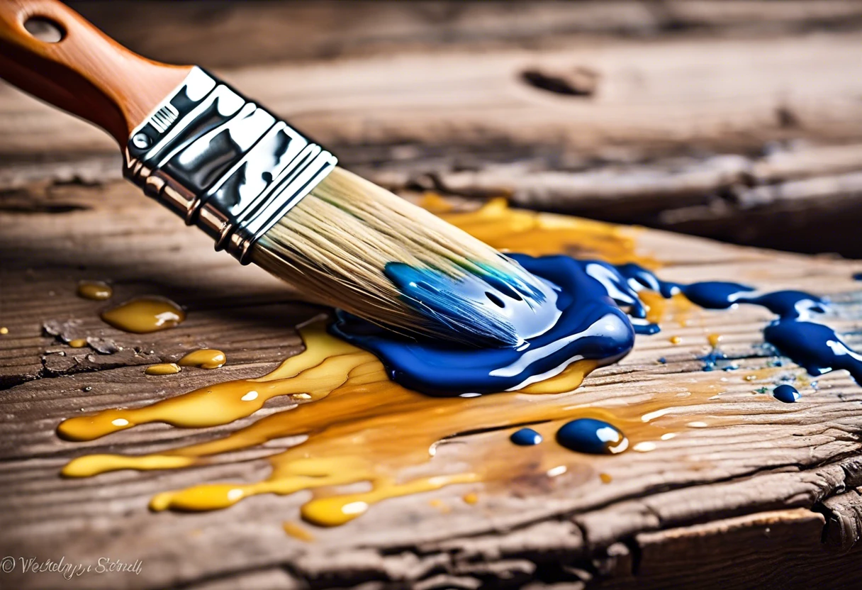 Brush with blue and yellow paint spills on wooden surface, illustrating the paint removal process using alcohol.