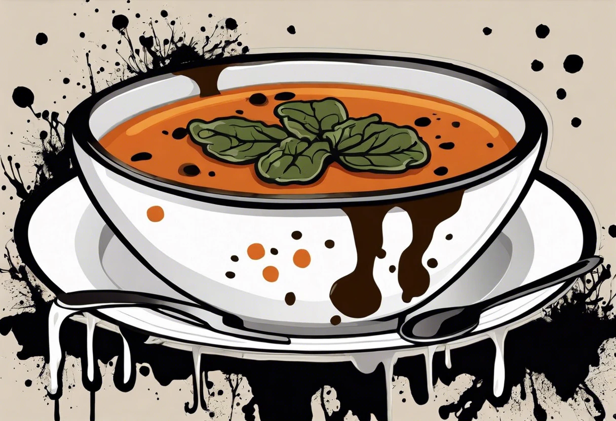Illustration of a bowl of soup with splashes, reflecting Andy Warhol’s iconic soup can theme.