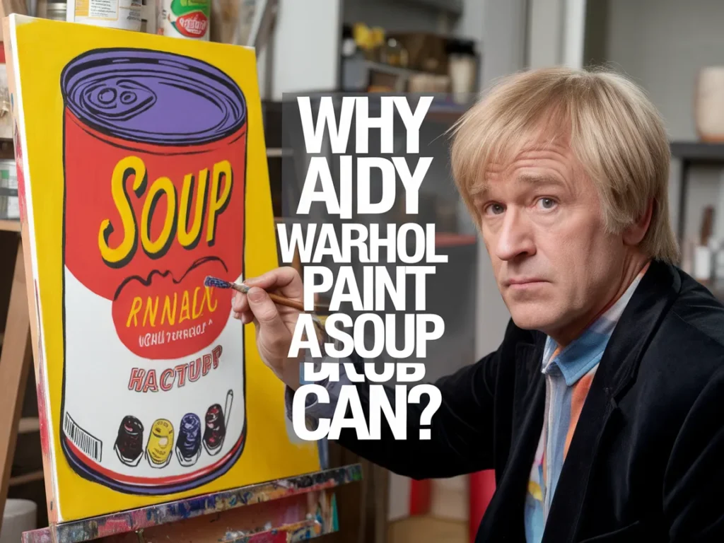 Andy Warhol painting a soup can, illustrating his iconic pop art style.