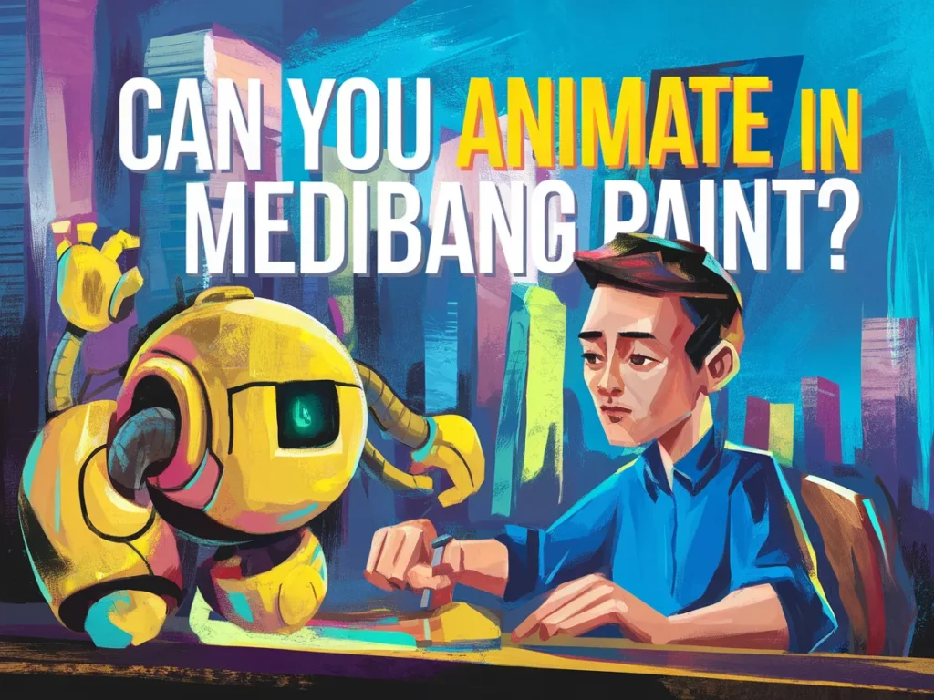 Illustration showing the question Can You Animate In MediBang Paint with a robot and a character