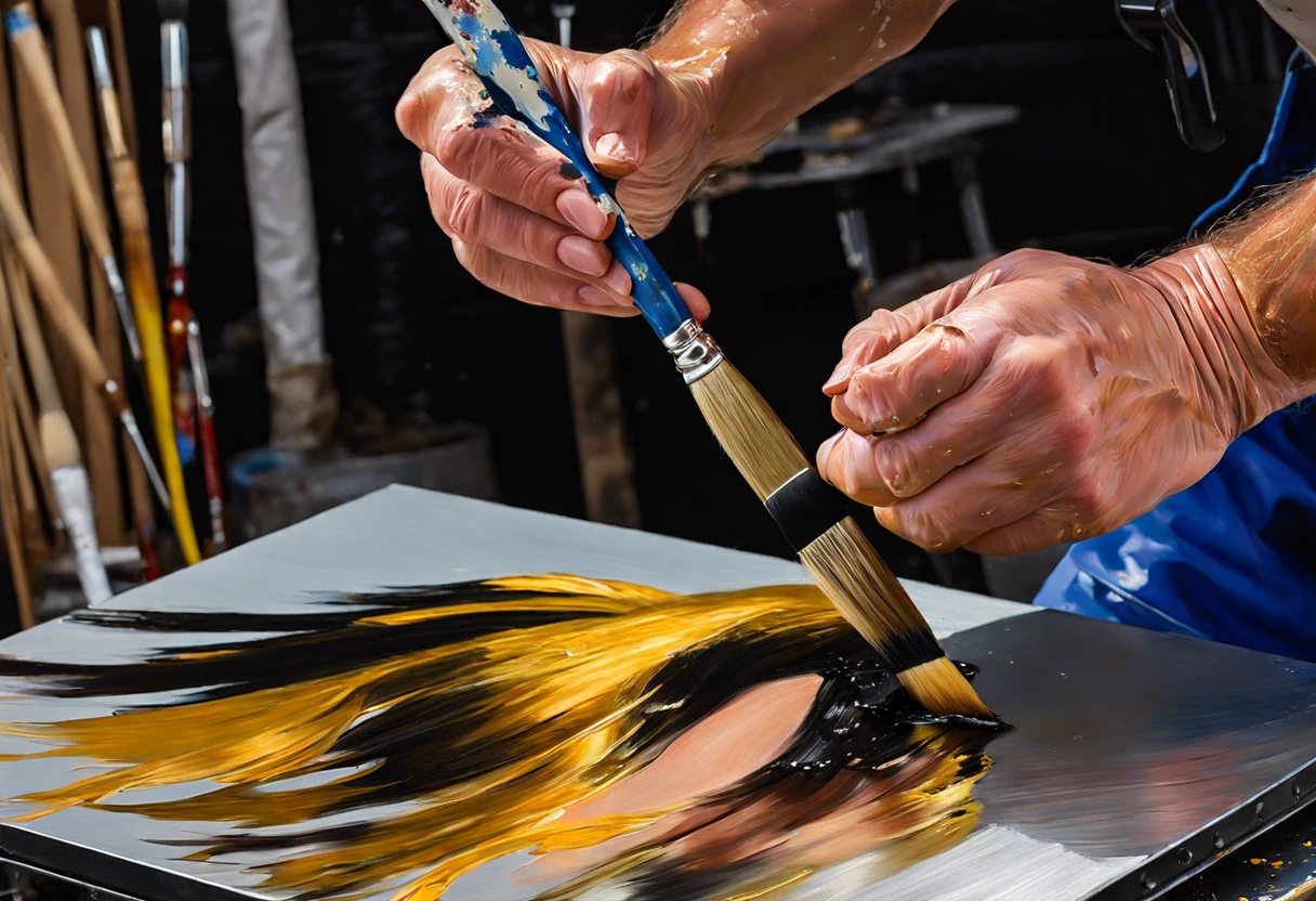 A person painting anodized aluminum with a brush, demonstrating the technique for applying paint to anodized surfaces.