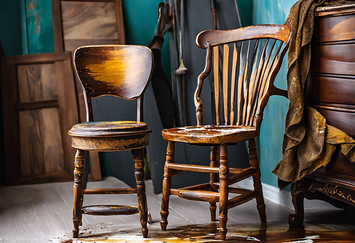 Two antique chairs showcasing the process of antiquing furniture with paint and stain.