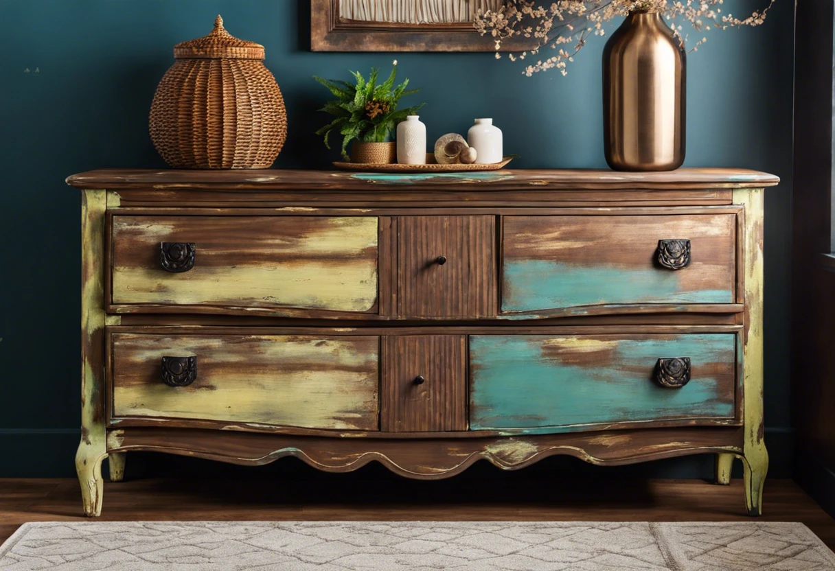 Vintage dresser with distressed paint and stain techniques for antique look