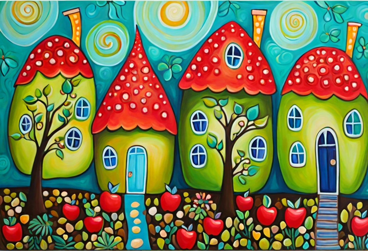 Colorful painting depicting whimsical houses with apple trees, illustrating who painted apple seeds in a vibrant landscape.