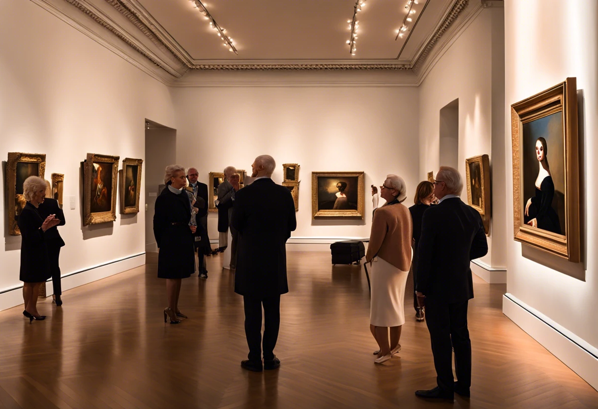 Visitors admiring expensive paintings in an art gallery, highlighting the value of fine art.