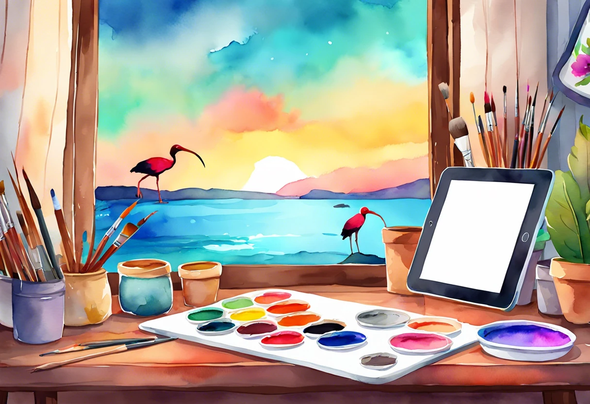 Artist's workspace with a tablet, paint palette, and colorful landscape to illustrate audio integration in Ibis Paint animation.