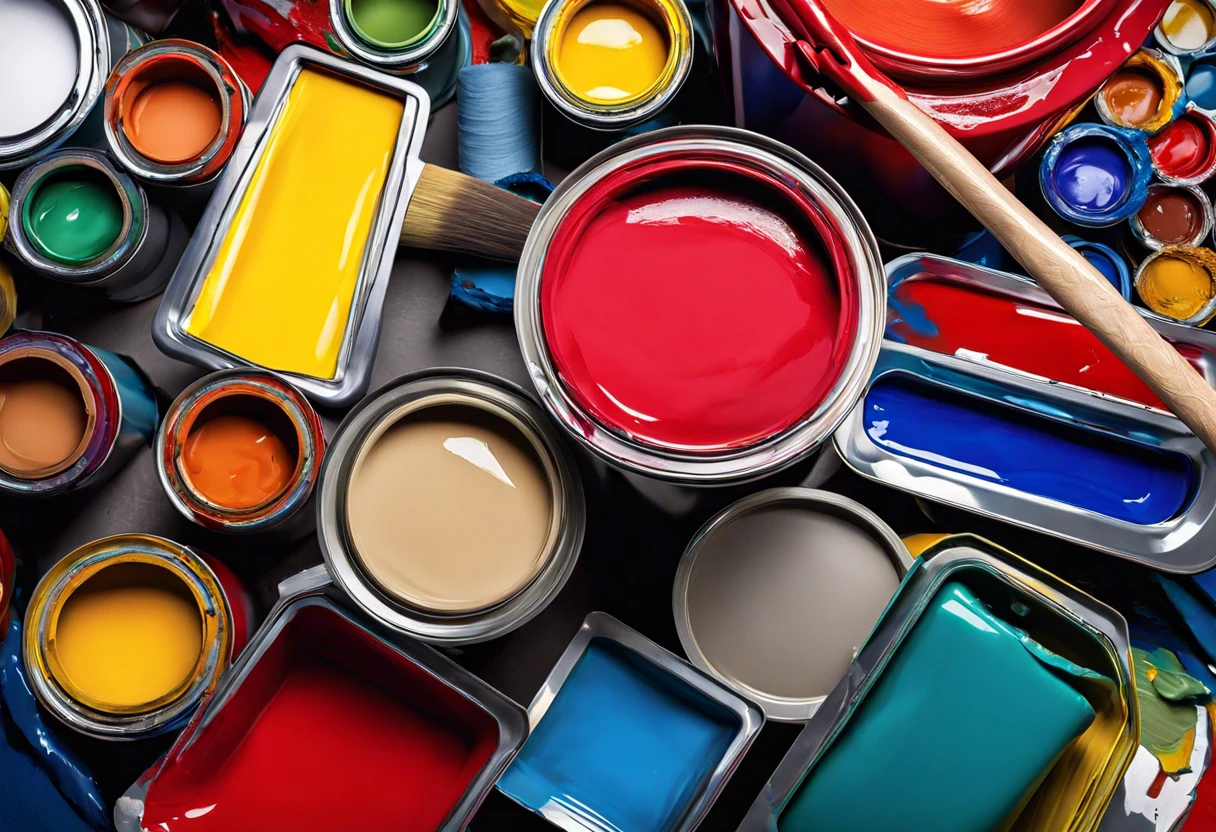 Various auto paint colors and containers showcasing the components of automotive paint.