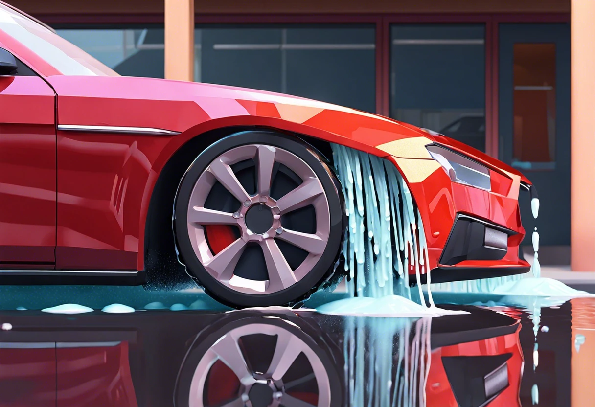 Close-up of a red car with water and soap flowing from its body, illustrating potential effects of automatic car washes on paint.