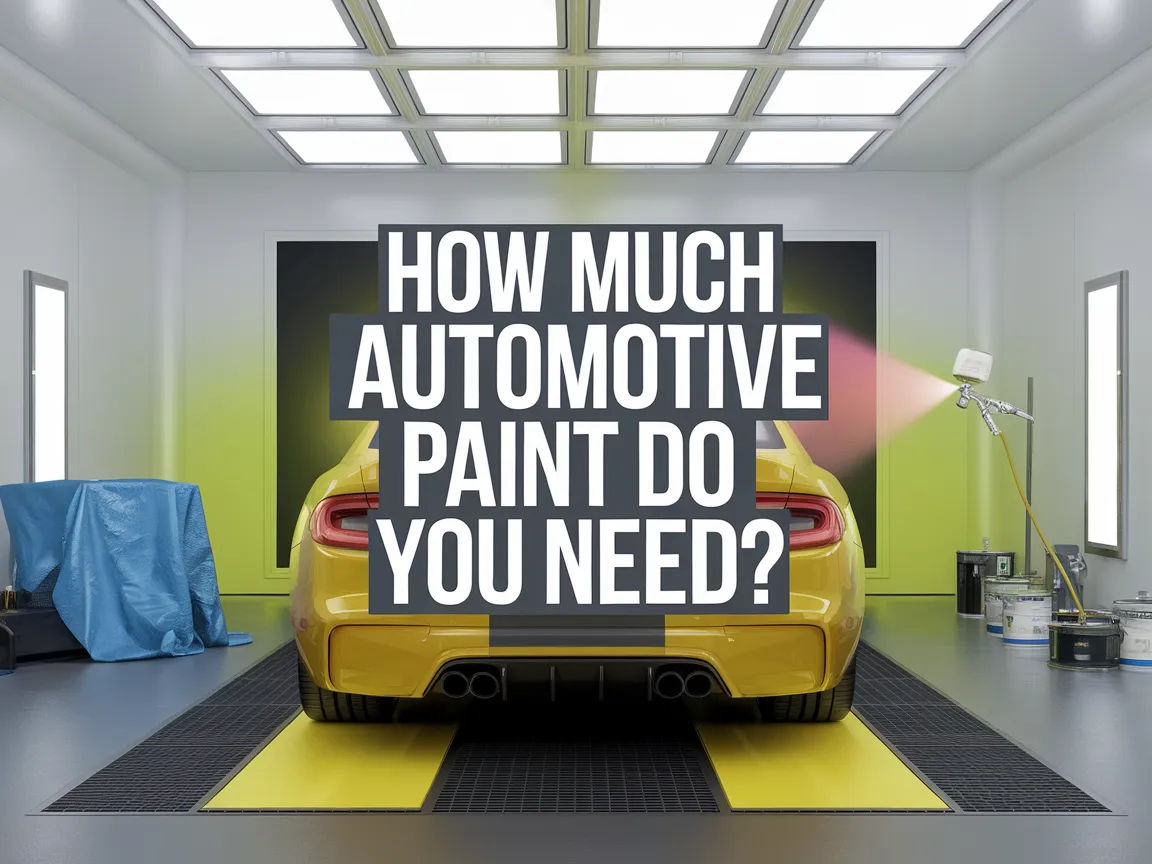 A bright yellow car in a spray booth with the question 'How Much Automotive Paint Do You Need?' for automotive paint calculations.