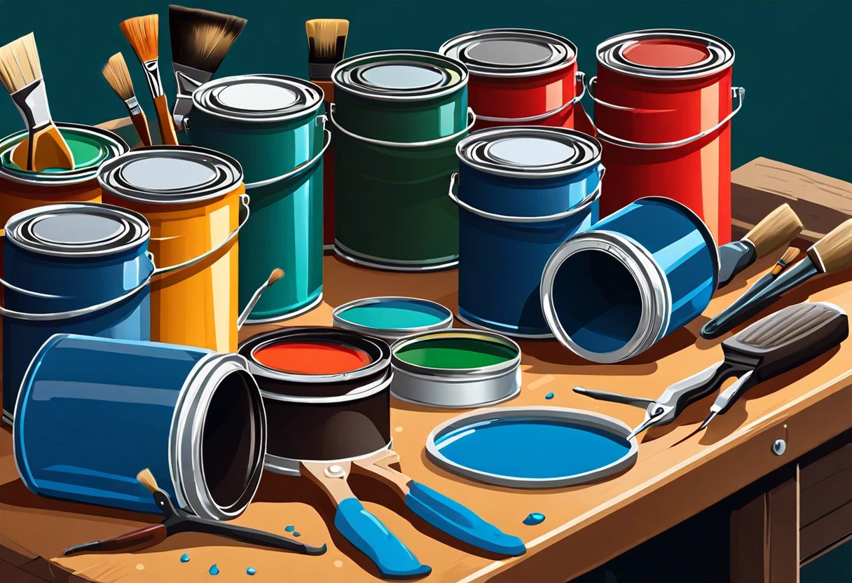 Various cans of automotive paint with brushes and tools, highlighting the complexity and factors influencing automotive paint expenses.