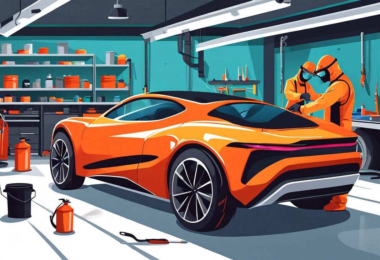 An illustration showing a modern car being painted in a workshop, highlighting the complexity and cost of automotive paint.