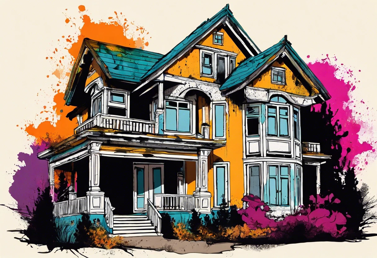 Colorful illustration of a house showing potential exterior painting styles and costs related to house painting.