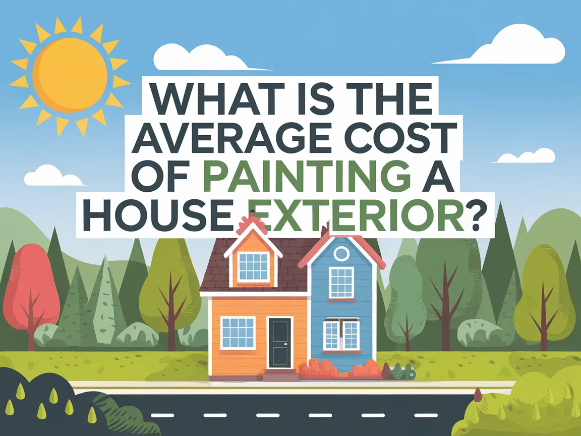 Illustration depicting the average cost of painting a house exterior with colorful homes and a sunny background