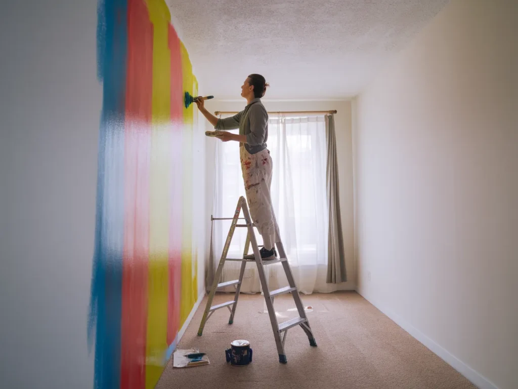 Person painting a room with colorful stripes, illustrating the average price to paint a room