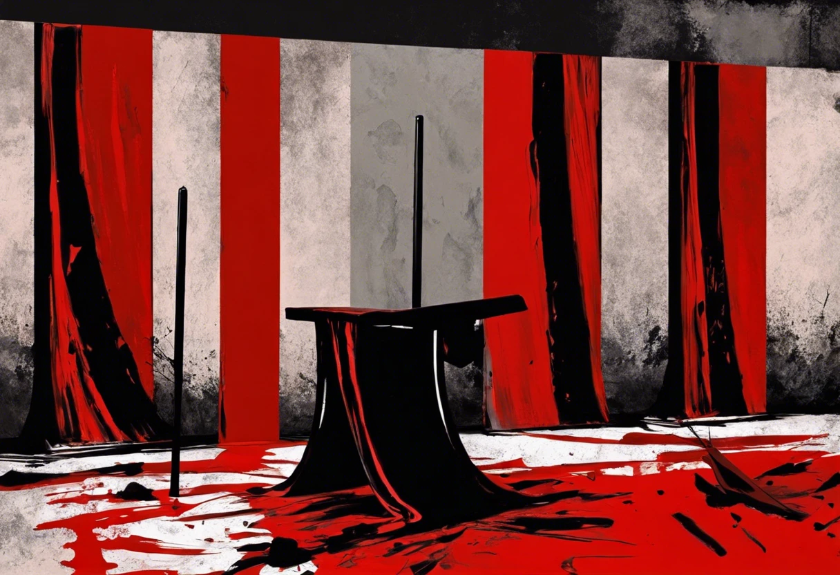 Depiction of Barnett Newman's Cathedra painting with attack imagery related to the 1997 incident.