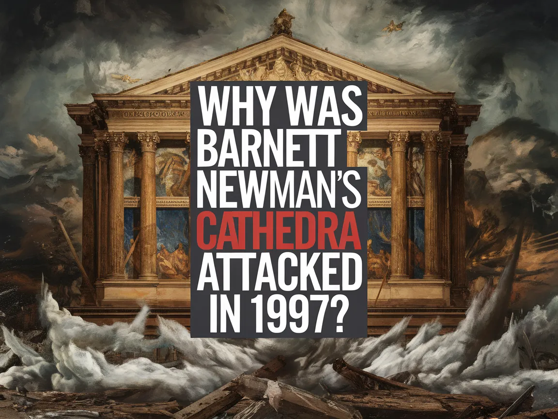 Artwork featuring Barnett Newman's painting 'Cathedra' with text about its 1997 attack, relevant to the discussion on art controversies.