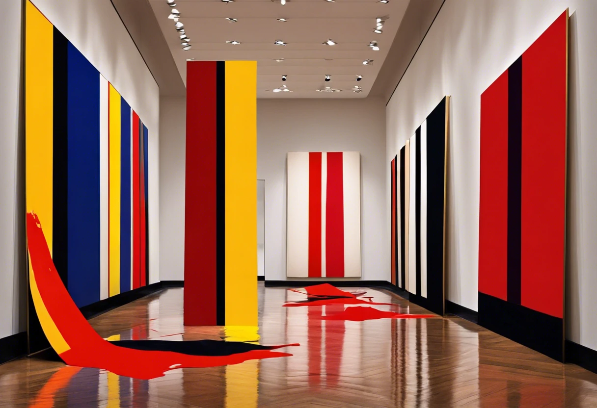 Interior of an art gallery showcasing Barnett Newman’s Cathedra painting, reflecting the controversy surrounding its 1997 attack.