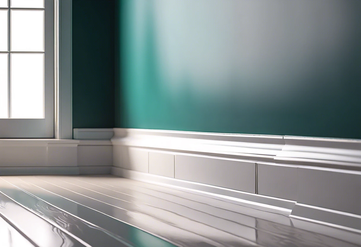 A close-up view of freshly painted baseboards in a room with a teal wall, showcasing the ideal paint finish for baseboards.