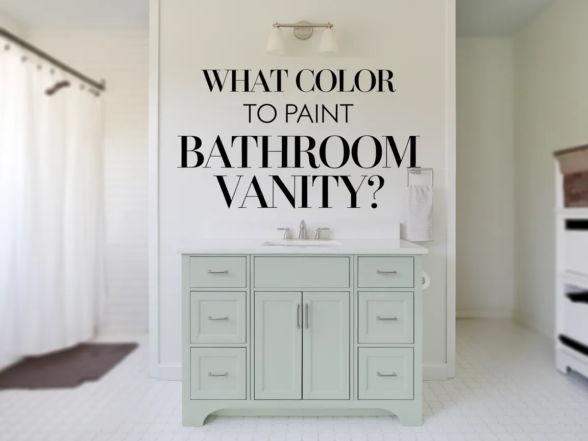 Stylish bathroom vanity in soft green color with text asking what color to paint bathroom vanity