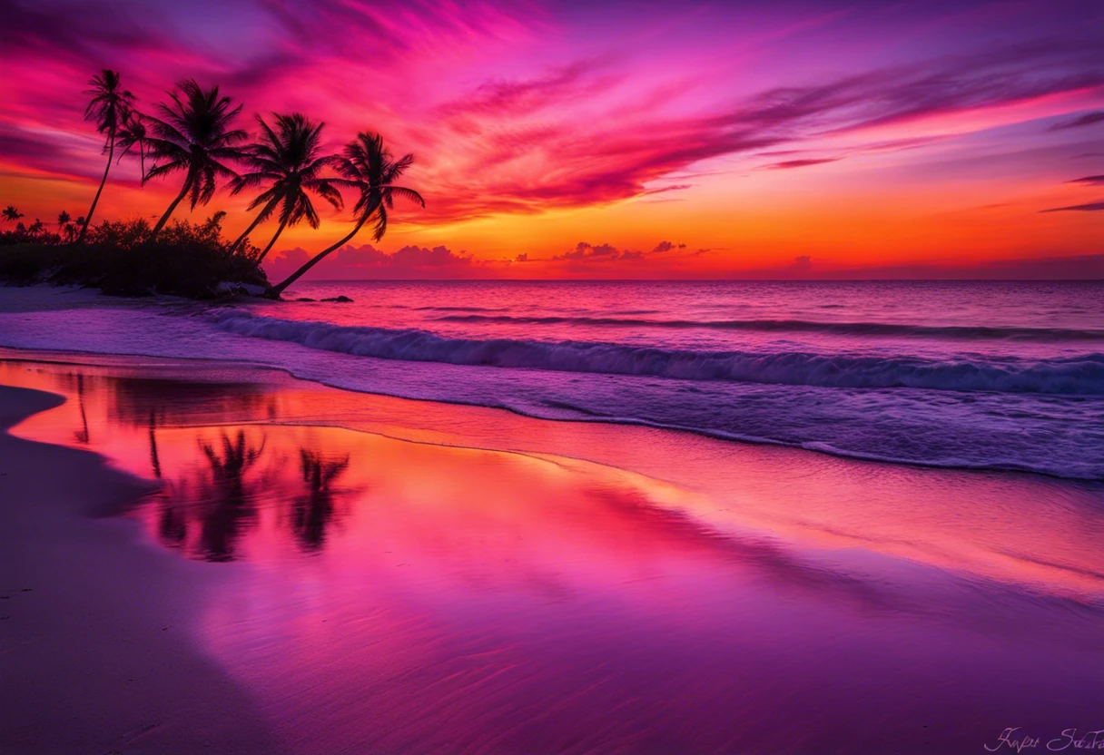 Vibrant beach sunset with palm trees and colorful sky, perfect inspiration for painting a beach sunset.