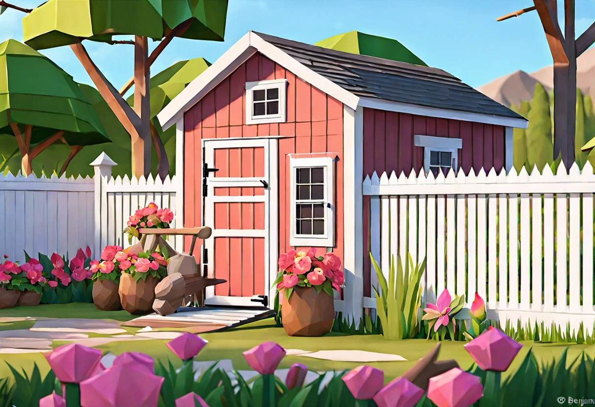 Colorful shed painted with Benjamin Moore Aura exterior paint surrounded by flowers and greenery
