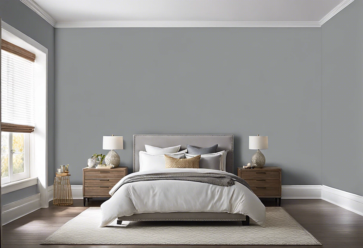 A bedroom painted in soft gray, ideal for hiding wall imperfections.
