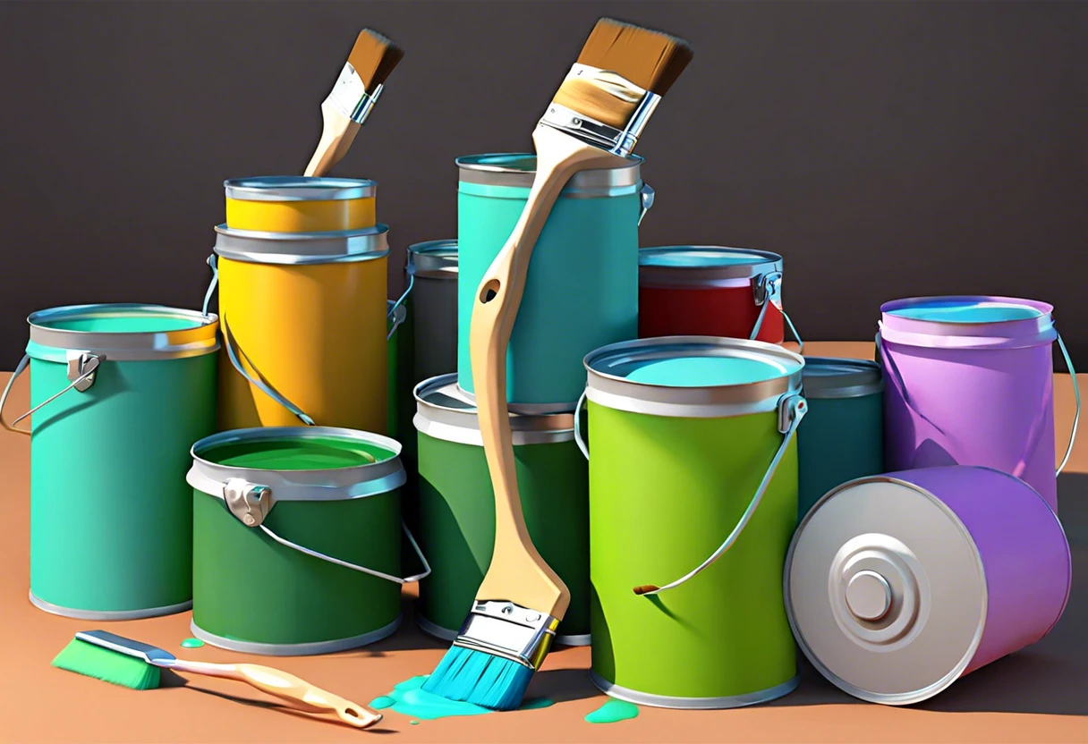 Various paint cans and brushes for choosing paint for baseboards.