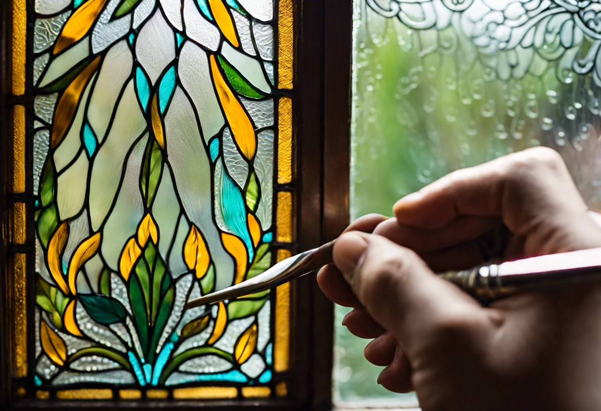 Person painting a stained glass window using appropriate paint for glass surfaces.