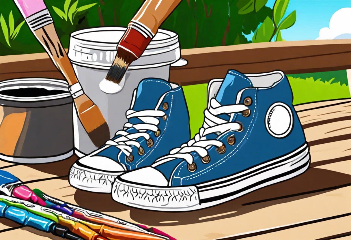 Blue sneakers with paintbrush and paint can, illustrating the best paint for shoes