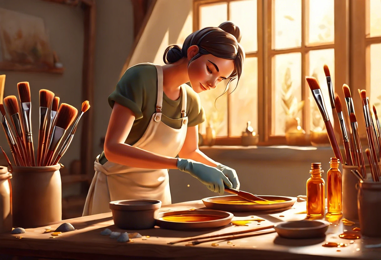 Artist cleaning oil paint brushes with solvent in a well-lit studio