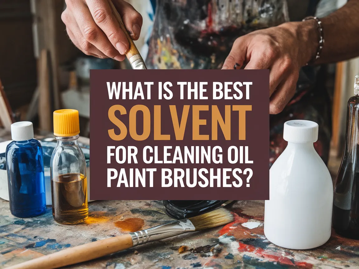 Various solvents for cleaning oil paint brushes displayed on a table