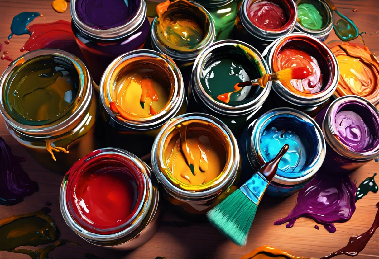 Colorful paint jars and brushes, illustrating the best solvent options for cleaning oil paint brushes.