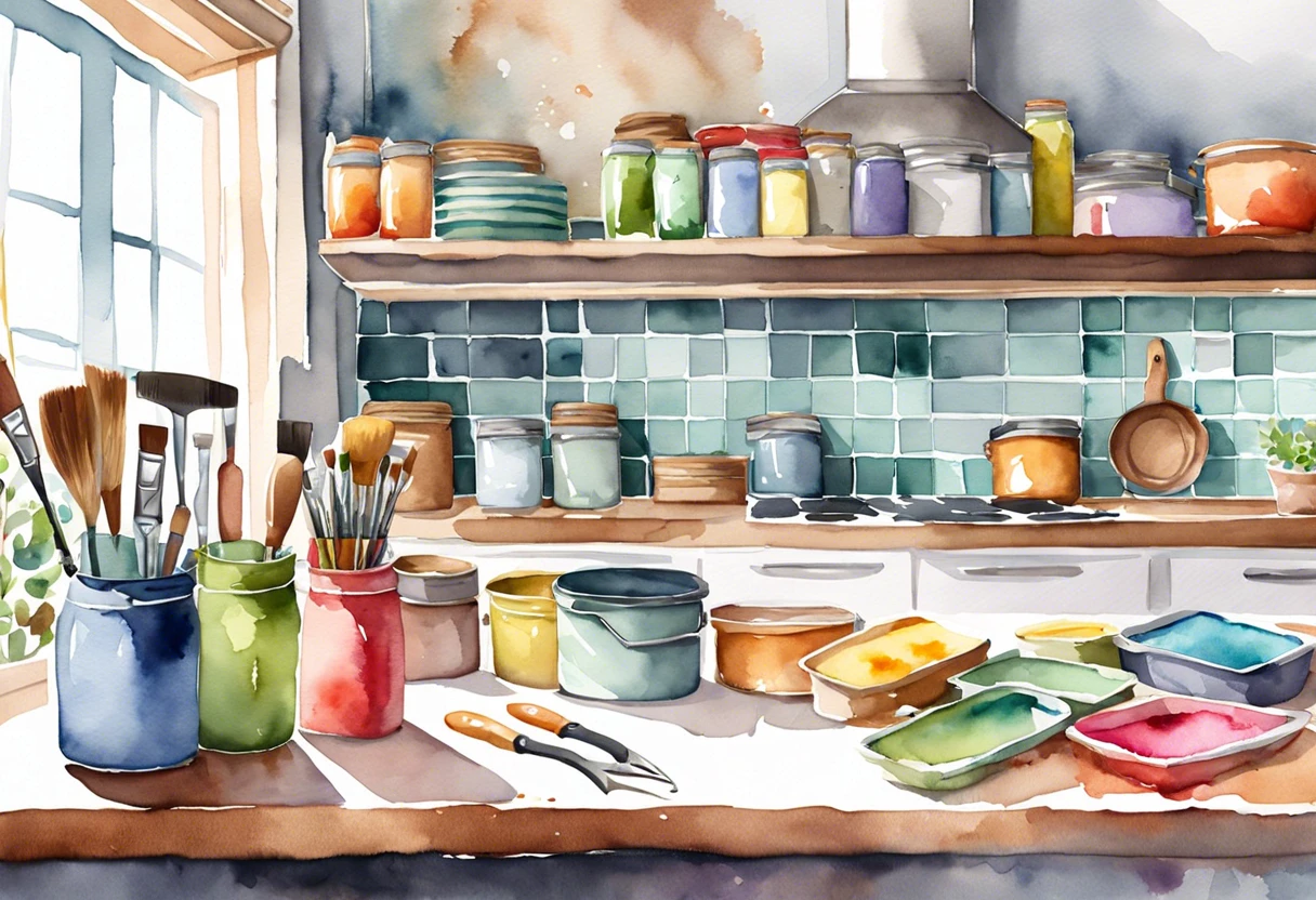 Colorful paint supplies and brushes ready for house interior painting