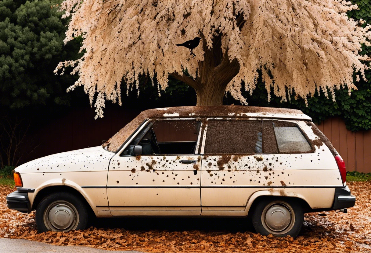 Car covered in bird droppings, illustrating potential damage to car paint.
