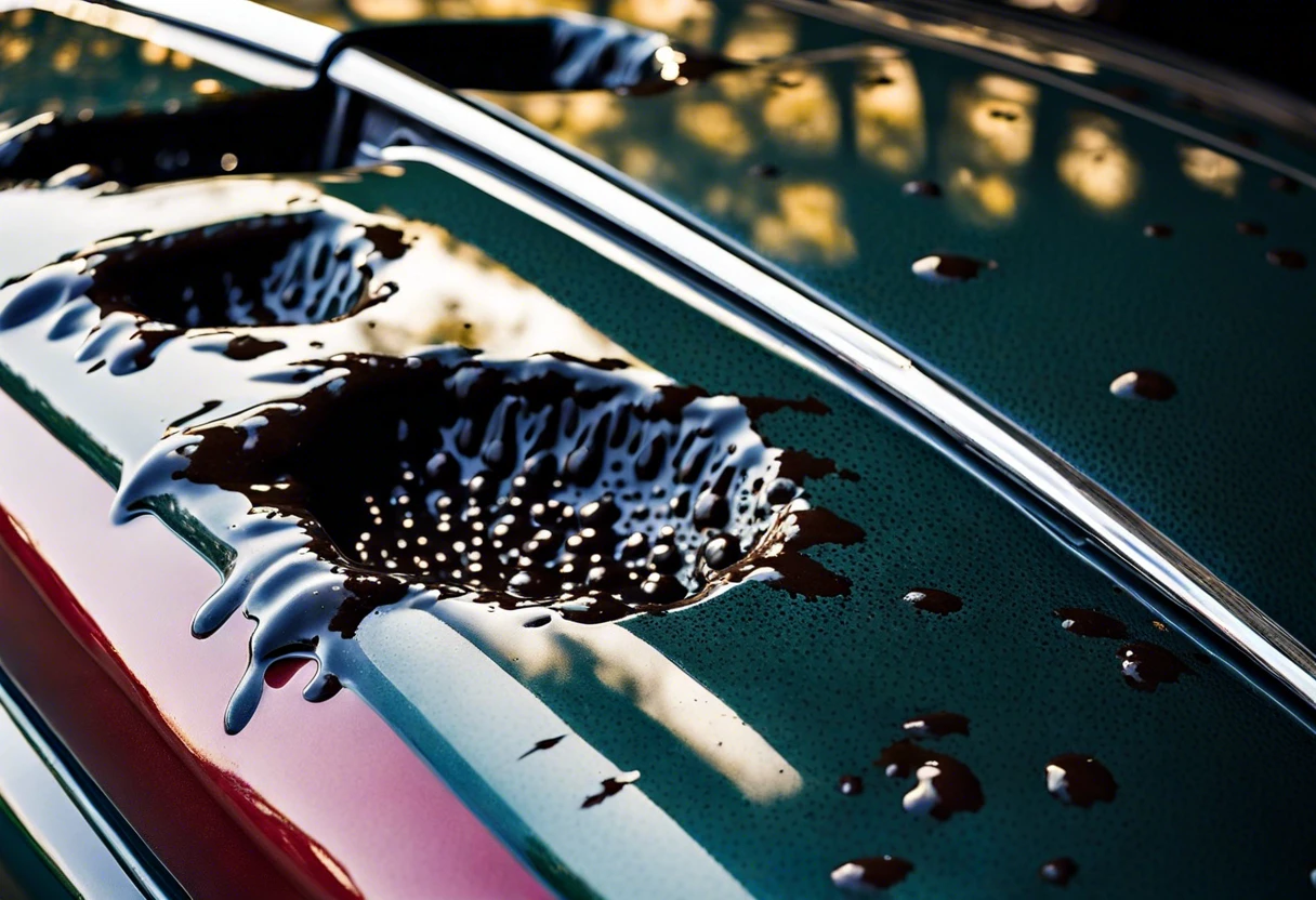 Close-up of a car's paint with bird droppings causing damage and etching.