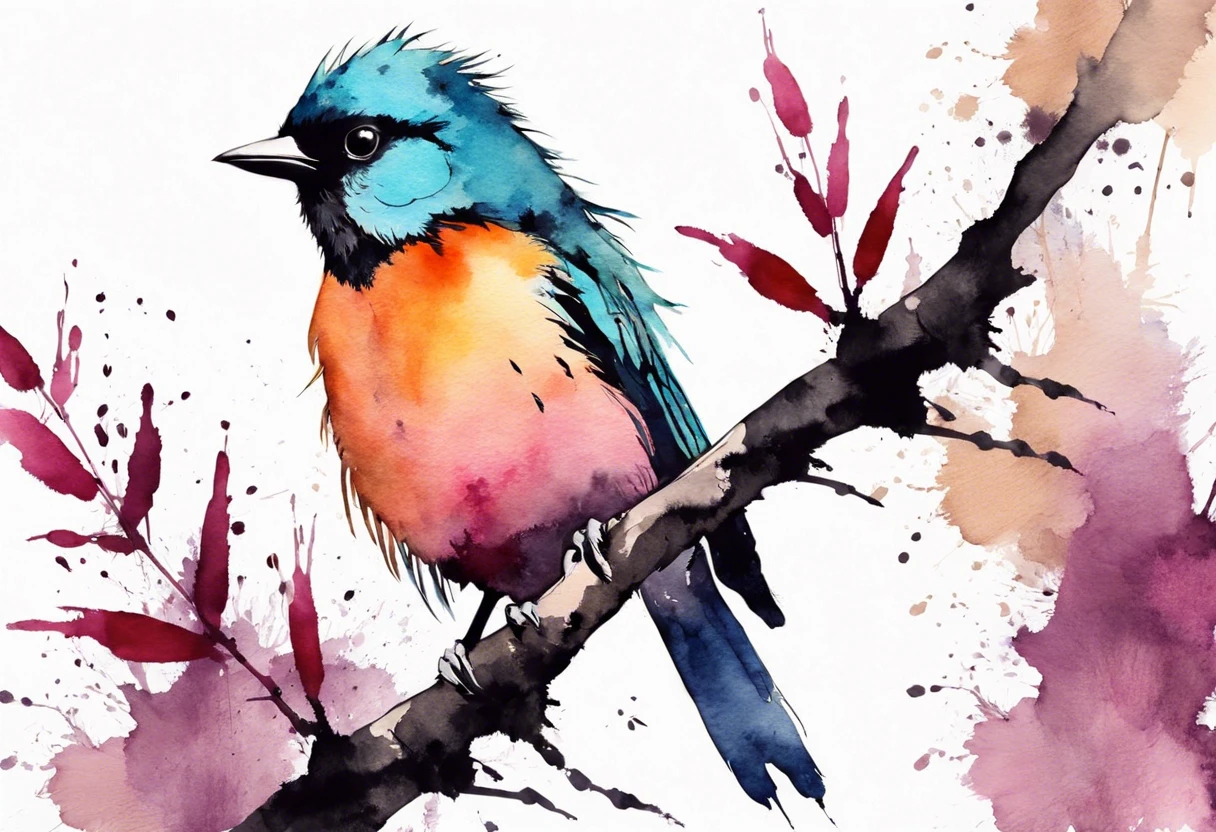 A colorful watercolor painting of a bird perched on a branch, showcasing vibrant hues and artistic details.