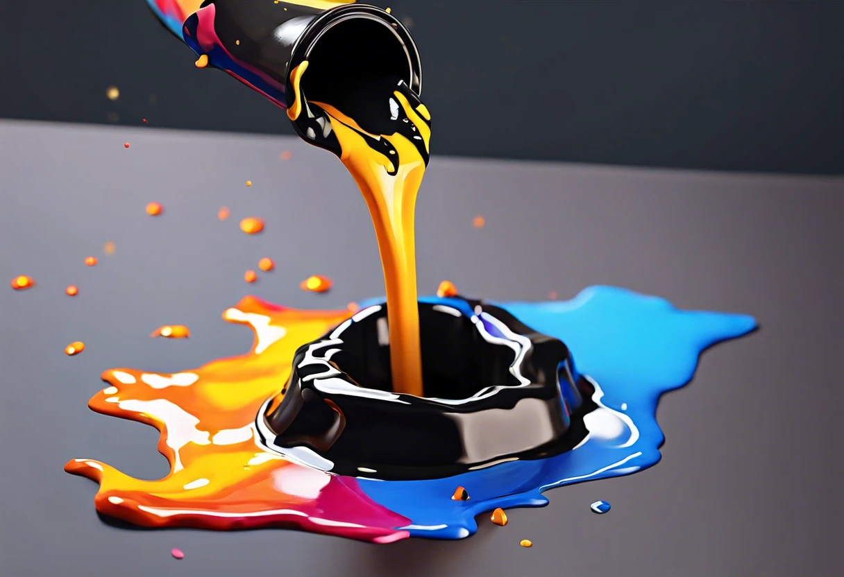 A photo showing the process of making black paint, with vibrant colors mixing and pouring from a can.