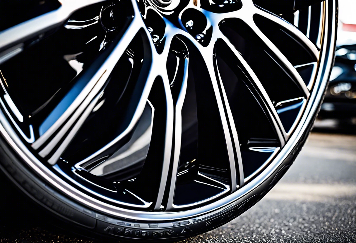 Close-up of black painted rims showcasing a glossy finish, related to painting car rims black.