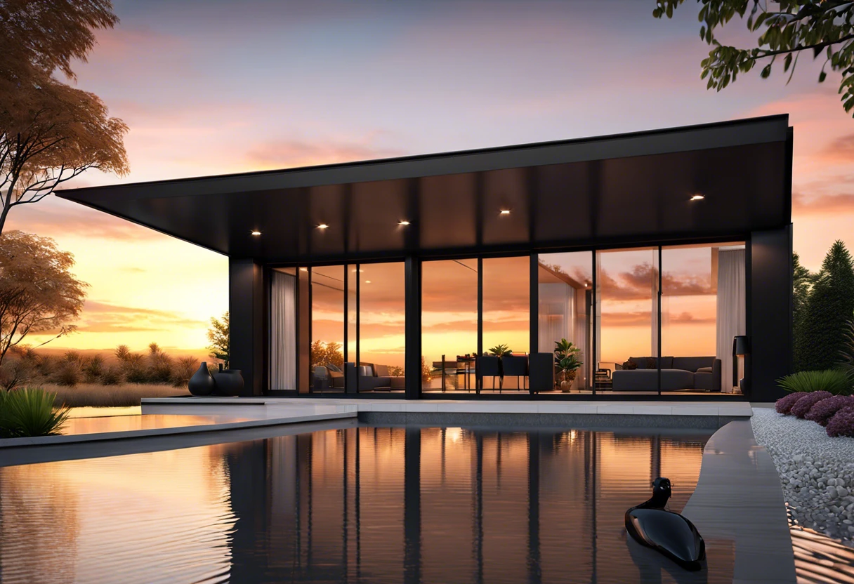 Modern house with black painted windows reflecting the sunset, illustrating the possibility of painting windows black.