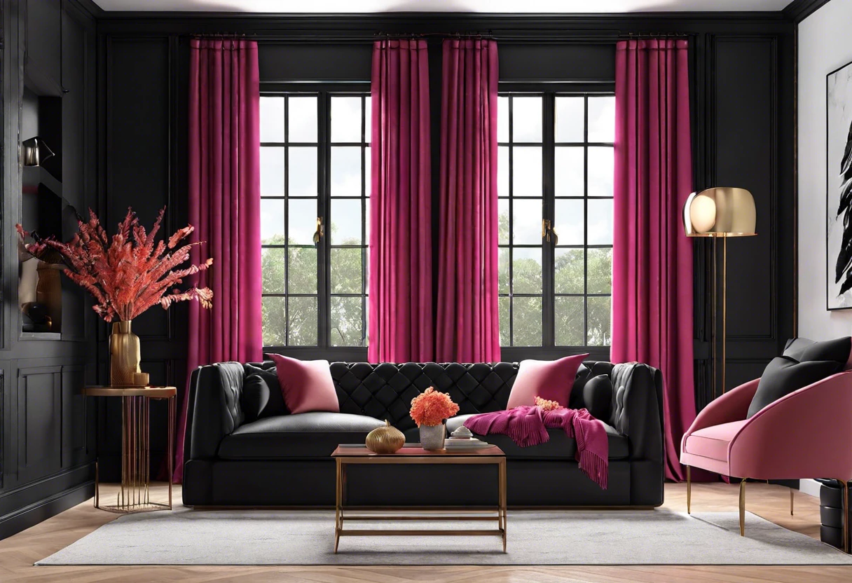 A modern living room featuring black painted windows complemented by pink curtains and stylish furniture, illustrating the concept of painting windows black.