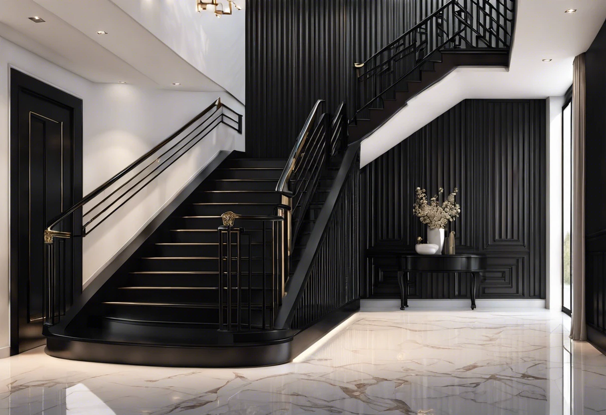 Modern black stair railing in an elegant interior design, illustrating color options for stair railings.