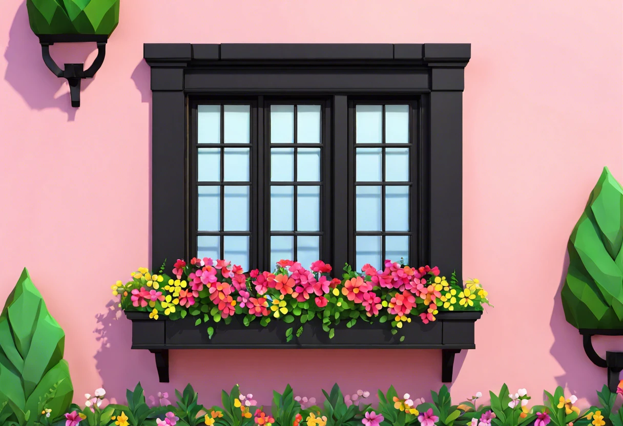 A beautifully painted black window frame with colorful flowers, illustrating the concept of painting window frames black.