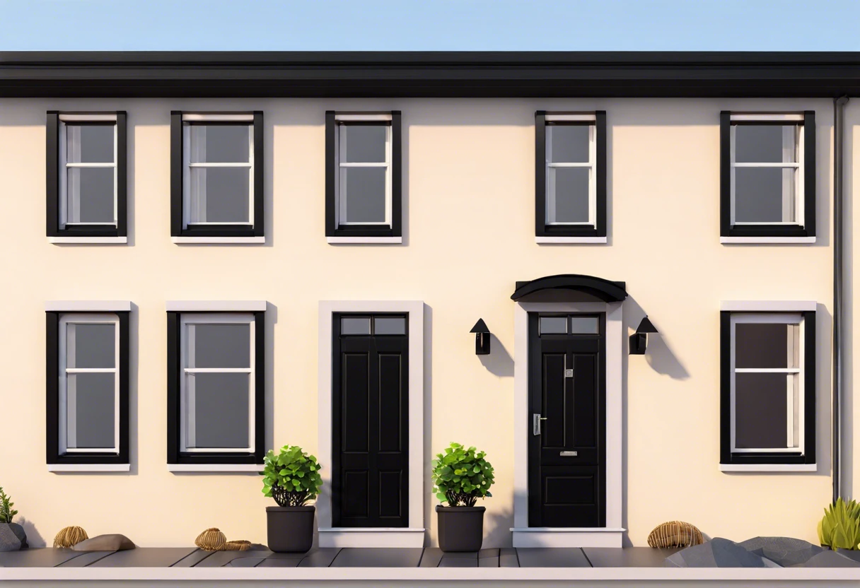 Exterior of a house featuring black-painted window frames and doors, showcasing stylish home design.