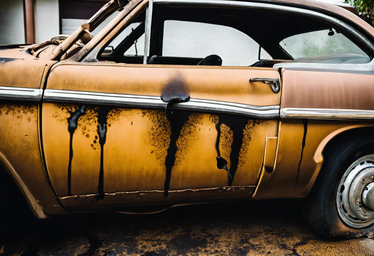 A rusty car with visible damage from bleach, highlighting how bleach can ruin car paint.