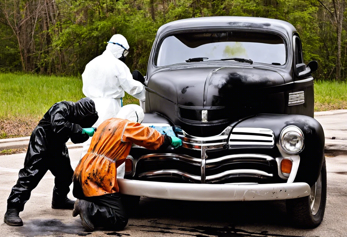 Workers in protective gear assessing the effects of bleach on car paint.