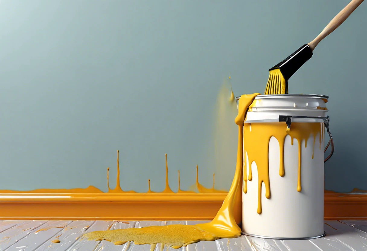 Image of a paint bucket with yellow paint spilled, relevant to bleach paint removal techniques.