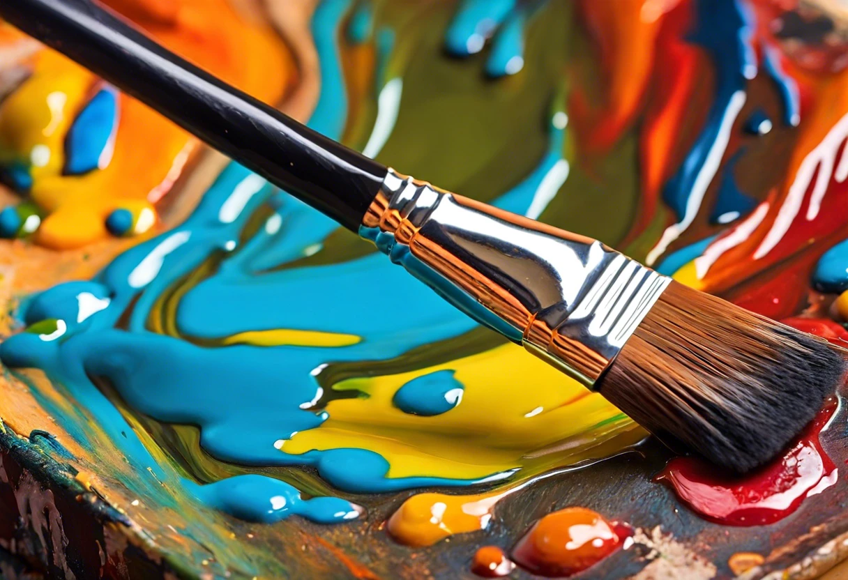 Brush blending new paint colors with old paint on a palette